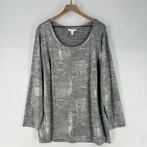 Westport 1962 Metallic‎ Silver Semi Sheer Knit Scoop Neck Short Sleeve Top